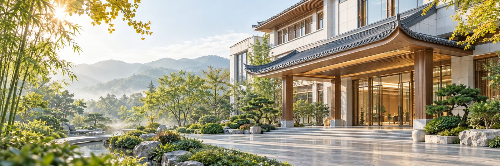 中式庭院与现代建筑相结合的医院环境示意